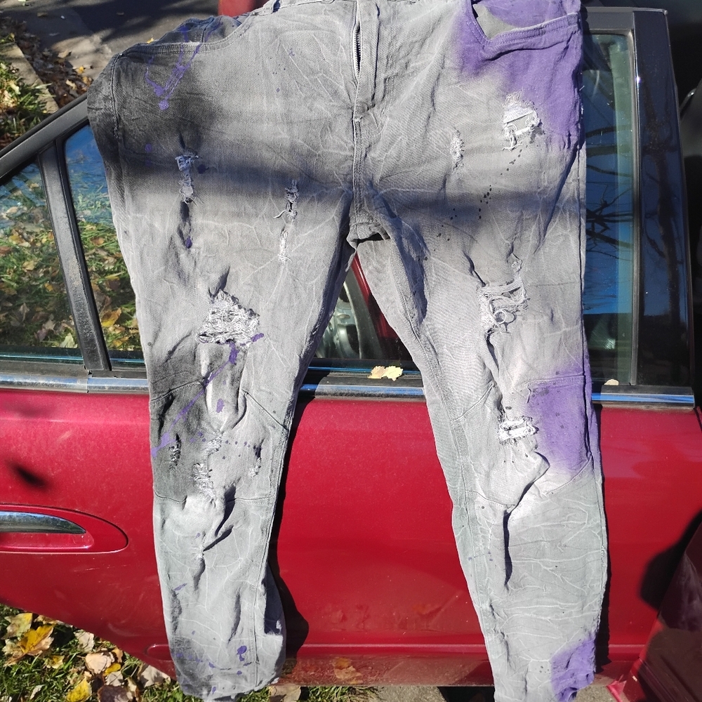 Men's Relaxed Jeans.Purple and Gray #ripped Paint AHP. Another Hype Piece